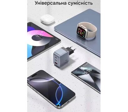 Изображение 2 Зарядное устройство Vention 1xUSB-C PD70W + 1xUSB QC3.0 22.5W GaN + cable USB-C to USB-C 1.0m 5A gray (TZ-FCGH0-EU)