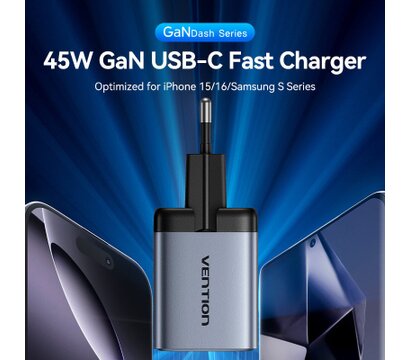 Зображення 2 Зарядний пристрій Vention 2xUSB-C PD45W GaN gray (FCDH0-EU)
