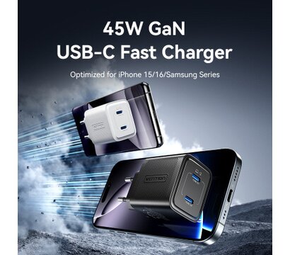 Зображення 2 Зарядний пристрій Vention 2xUSB-C PD45W GaN transparent white (FCFW0-EU)
