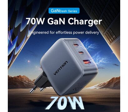 Зображення 2 Зарядний пристрій Vention 2xUSB-C PD70W + 1xUSB QC3.0 22.5W GaN gray (FEXH0-EU)