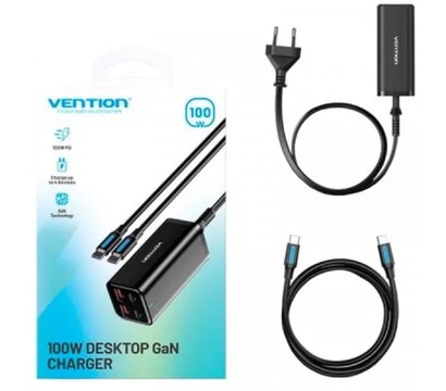 Изображение 2 Зарядное устройство Vention 4xUSB 100W (2xUSB-C+2xUSB-A) PD3.0/QC 3.0/GaN Black (FBSBG-EU)