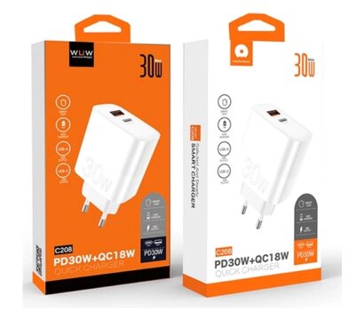 Изображение 2 Зарядное устройство WUW C208 1xUSB-C PD30W + 1xUSB QC3.0 18W White (6972573333417)