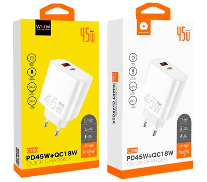 Изображение 2 Зарядное устройство WUW C209 1xUSB-C PD45W + 1xUSB QC3.0 18W White (WUW-C209)
