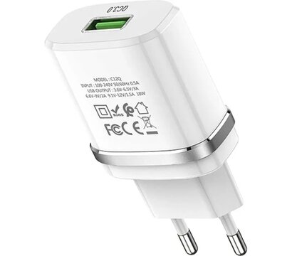 Зображення 3 Зарядний пристрій Hoco C12Q Smart USB QC3.0 + cable USB to USB-C 18W White (6931474716309)