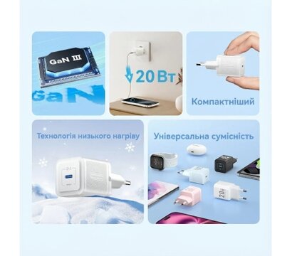 Зображення 3 Зарядний пристрій Vention USB-C PD20W GaN white (FEPW0-EU)