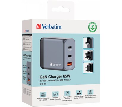 Изображение 3 Зарядное устройство Verbatim GaN 65 W 3 ports (2xUSB-C-65 W /USB-A -3.0) (32201)