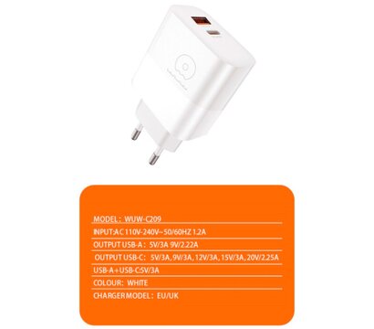 Изображение 3 Зарядное устройство WUW C209 1xUSB-C PD45W + 1xUSB QC3.0 18W White (WUW-C209)