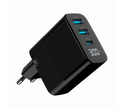 Зображення 4 Зарядний пристрій Gembird 2хUSB-A (QC3.0 18W) + 1хType-C (PD20W) LCD black (TA-UC-PDQC30LCD-BK-02)