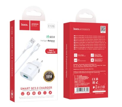 Зображення 5 Зарядний пристрій Hoco C12Q Smart USB QC3.0 + cable USB to USB-C 18W White (6931474716309)