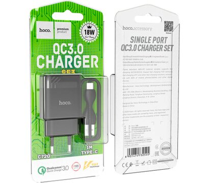 Зображення 5 Зарядний пристрій Hoco C72Q Glorious USB QC3.0 + cable USB to USB-C 18W Black (6931474732545)