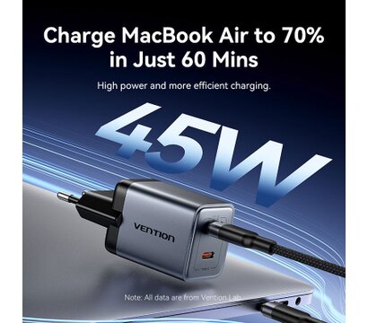 Зображення 5 Зарядний пристрій Vention 2xUSB-C PD45W GaN + cable USB-C 1.0m black gray (TZ-FCDH0-EU)