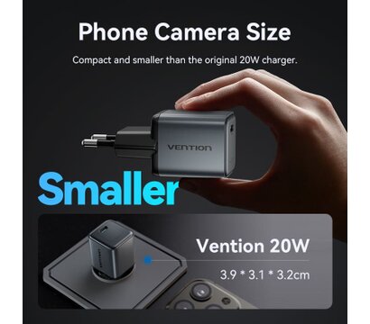 Зображення 5 Зарядний пристрій Vention USB-C PD20W GaN gray (FEVH0-EU)