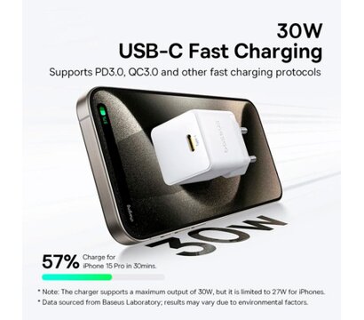 Зображення 6 Зарядний пристрій Baseus Palm Fast Charger 1C 30W + Cable 1.0m Type-C 60W white (P10111605213-01)