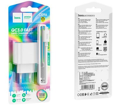 Зображення 6 Зарядний пристрій Hoco C109A Fighter USB QC3.0 + cable Micro 5P White (6931474784827)
