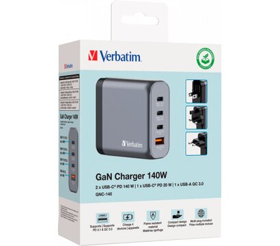 Зображення 6 Зарядний пристрій Verbatim GaN 140 W 4 ports (2xUSB-C-140 W,USB-C 20 W /USB-A -3.0) (32203)