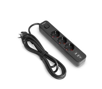 Изображение 2 Сетевой фильтр Videx Oncord с/з 3р 3м Switch Black (VF-PD33G2U1C-B) 3 розеток