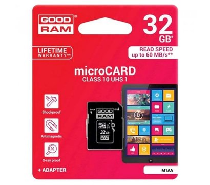 Изображение 2 Карта памяти GoodRam MicroSDHC 32GB UHS-I Class 10 + SD-adapter — M1AA-0320R12, Объем памяти: 48 Гб