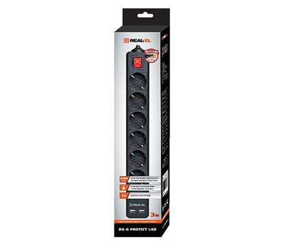 Зображення 2 Мережевий фільтр REAL-EL RS-6 Protect USB 3m Black 6 розеток