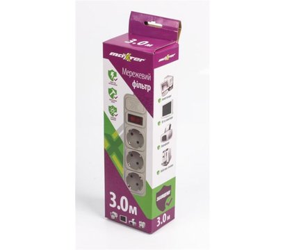 Зображення 2 Мережевий фільтр Maxxter SPM3-G-10G 3м White 3 розеток, Довжина шнура: 3 м