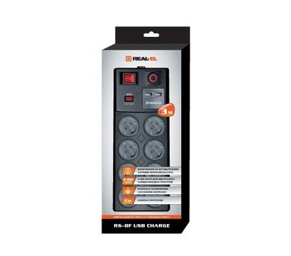 Изображение 3 Сетевой фильтр REAL-EL RS-8F USB CHARGE 3.0m Black 8 розеток