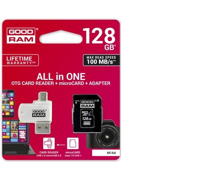 Изображение 2 Карта памяти GoodRam UHS-I MicroSDXC Class 10 128GB + SD-adapter + OTG Card reader - M1A4-1280R12, Объем памяти: 128 Гб