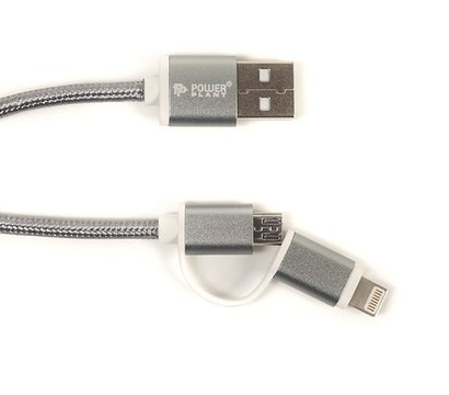 Изображение 3 Кабель PowerPlant Quick Charge 2A 2-в-1 cotton USB 2.0 AM – Lightning/Micro, 2м, Grey — CA910496