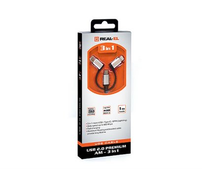 Изображение 4 Кабель REAL-EL Premium USB2.0 AM-3in1 Lightning/microUSB/USB-C 1m, black — EL123500035