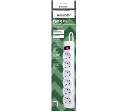 Зображення 3 Мережевий фільтр Defender DFS 153 3.0 м White — 99490 6 розеток, Довжина шнура: 3 м