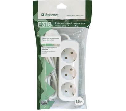 Зображення 4 Мережевий фільтр Defender E318 1.8 м White — 99221, Довжина шнура: 1.8 м