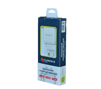 Изображение 3 Зарядное устройство Florence (2xUSB 2A) White + кабель USB Type-C — FL-1021-WT