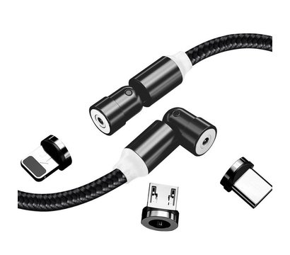 Изображение 2 Кабель ColorWay USB-Lightning + microUSB + USB-C Magnetic Rotation 540°, 2.4А, 1м, Black - CW-CBUU03