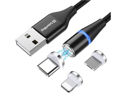 Зображення 3 Кабель ColorWay USB-Lightning + microUSB + USB-C Magnetic Data/Quick Charge, 2.4А, 1м, Black - CW-CB