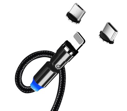 Изображение 4 Кабель ColorWay USB-Lightning + microUSB + USB-C Magnetic Rotation 540°, 2.4А, 1м, Black - CW-CBUU03