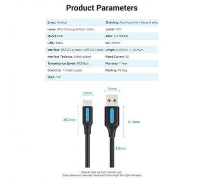 Зображення 3 Кабель Vention USB Type-C - USB, 1.5m, Black - COKBG