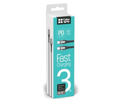 Зображення 4 Кабель ColorWay USB Type-C - USB Type-C PD Fast Charging, 3А, 65W, 1м Grey - CW-CBPDCC040-GR