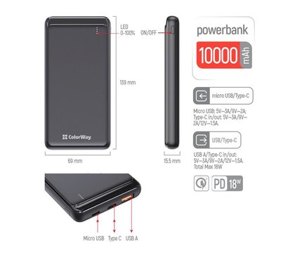 Зображення 6 Батарея мобільна ColorWay Slim 10000mAh Black — CW-PB100LPG3BK-PD
