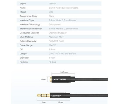 Зображення 2 Аудіо кабель Vention Audio 3.5 mm M - 3.5 mm F, 3m, Black - BHBBI