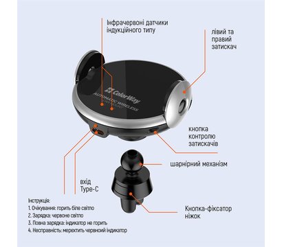 Изображение 7 Держатель ColorWay AutoSense Car Wireless Charger 2 15W Black – CW-CHAW036Q-BK
