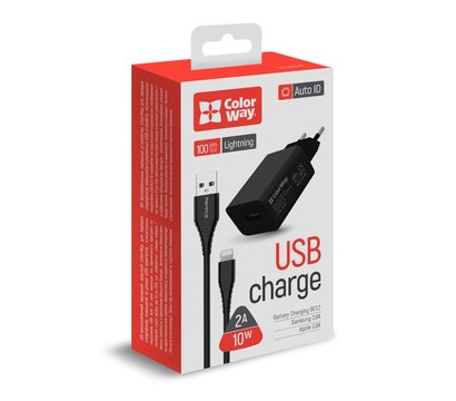 Зображення 6 Зарядний пристрій ColorWay (1USBx2A) Black + кабель Lightning – CW-CHS012CL-BK