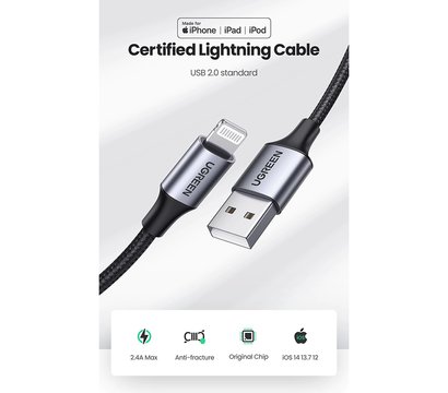 Зображення 3 Кабель Ugreen US199 USB AM-Lightning M, 2.0 м, 2.4A, Black - 60158