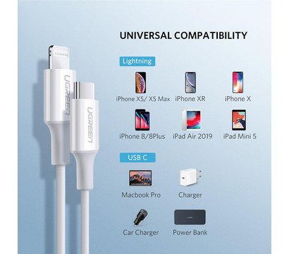 Зображення 5 Кабель Ugreen US171 USB 2.0 Type-C M-Lightning M, 2 м, 3A White - 60749
