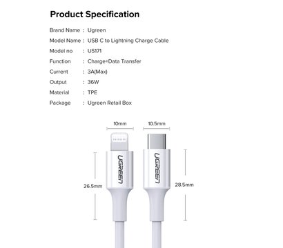 Зображення 7 Кабель Ugreen US171 USB 2.0 Type-C M-Lightning M, 2 м, 3A White - 60749