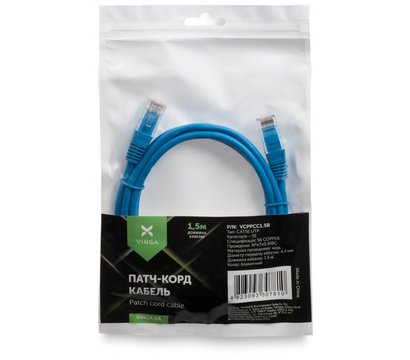Изображение 3 Патч-корд витая пара Vinga VCPPCC1.5B UTP Cat.5e (1.5 м) Cu blue