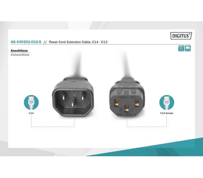 Зображення 2 Кабель живлення Digitus C14-C13 M/F, 1.2m, 0.75qmm, black - AK-440201-012-S