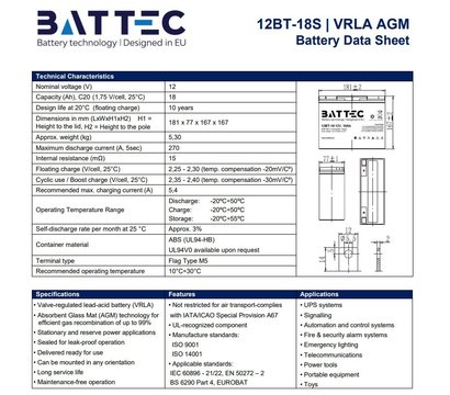 Зображення 4 Свинцево-кислотний акумулятор Battec BT12-18, 12V 18.0Ah, Ємність (Аг): 18 А·год