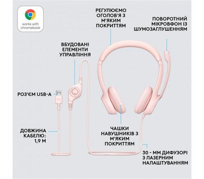 Изображение 5 Наушники Logitech H390 USB Rose — 981-001281 поворотный