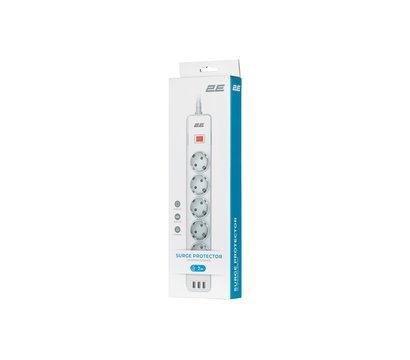 Зображення 6 Мережевий фільтр 2E 5XSchuko, 3G*1.5мм, 3*USB-A, 2м, white - 2E-SP515M2USBWH 5 розеток