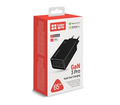 Зображення 9 Зарядний пристрій ColorWay GaN3 Pro Power Delivery (2USB Type-C PDx3A;1USBx3A) Black — CW-CHS039PD-BK