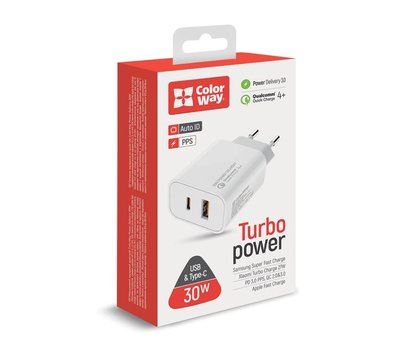 Изображение 9 Зарядное устройство ColorWay Power Delivery Port PPS (Type-C PD + USB QC3.0) (30W) White — CW-CHS037PD-WT