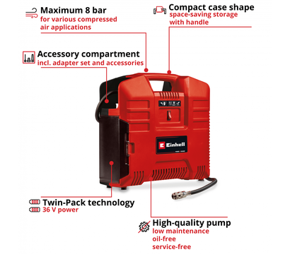 Изображение 11 Автокомпрессор Einhell TE-AC 36/8 Li OF Set-Solo PXC, 8 бар